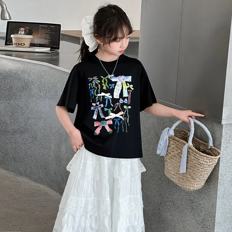 潮牌女童童装春款2025新款黑色蝴蝶结短袖T白色花边夏季长裙套装