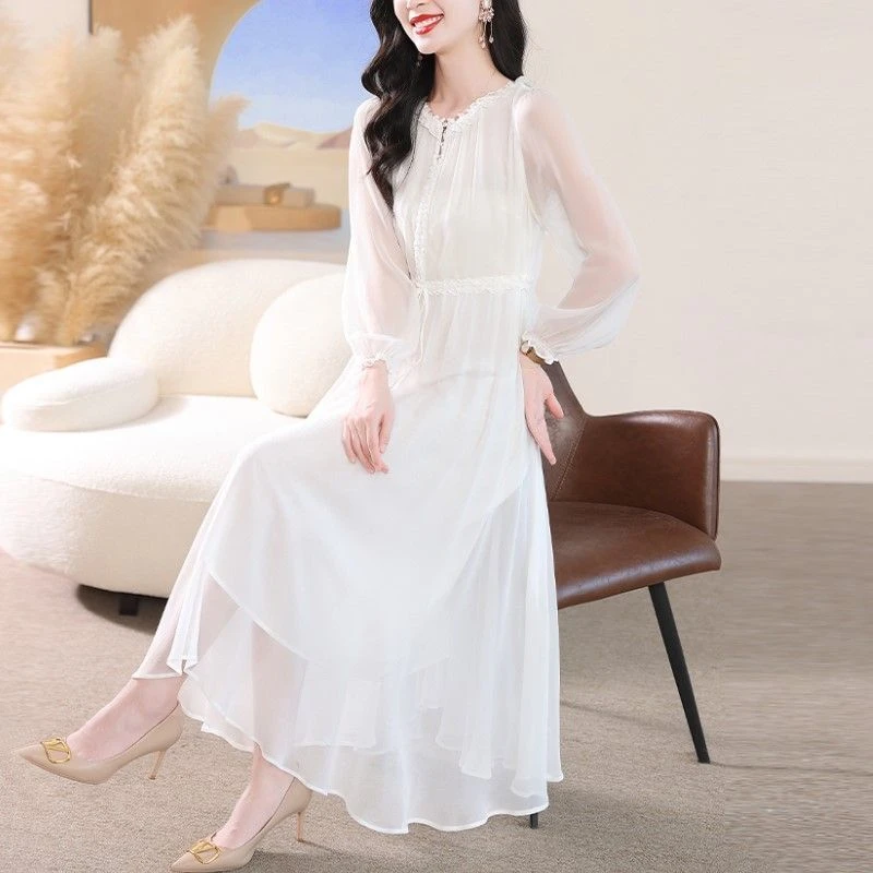 雪纺连衣裙秋季2024新款温柔风超仙白色裙子优雅气质减龄妈妈装裙