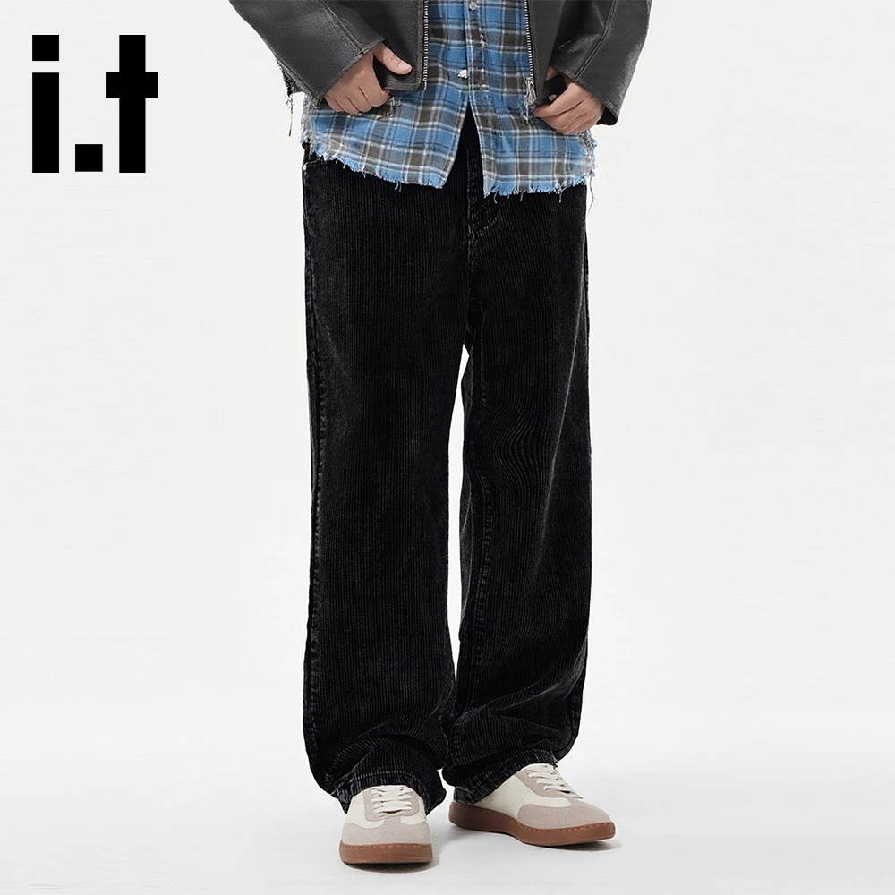 it:CHOCOOLATE秋冬新款宽松直筒阔腿牛仔裤男简约百搭水洗黑长裤