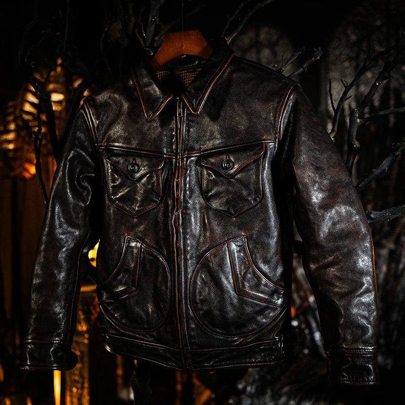 莫臣男装复古美式门多萨牛皮皮衣翻领时尚男士短款皮夹克 PA1262