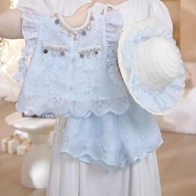【送帽子】女童夏季新款短袖短裤套装洋气女宝宝蕾丝花边两件套