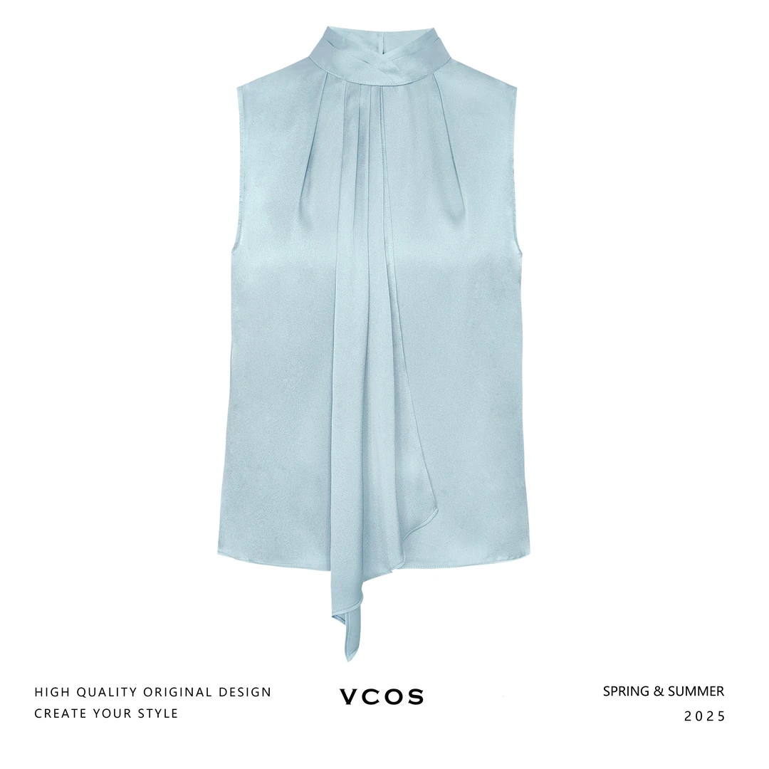 VCOS立领飘带气质优雅时尚百搭无袖上衣