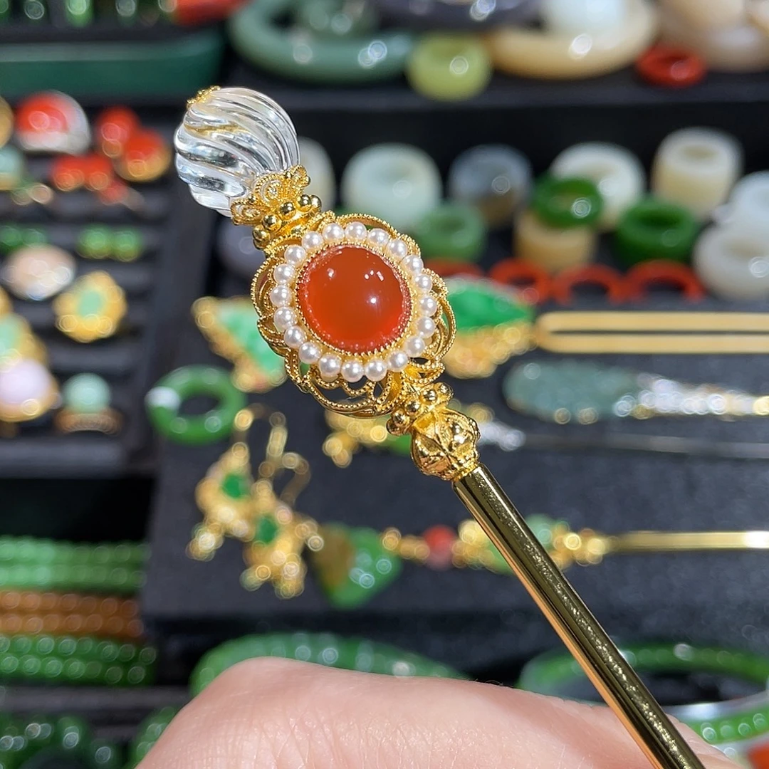 南红玛瑙银S925镶嵌发饰南红发簪