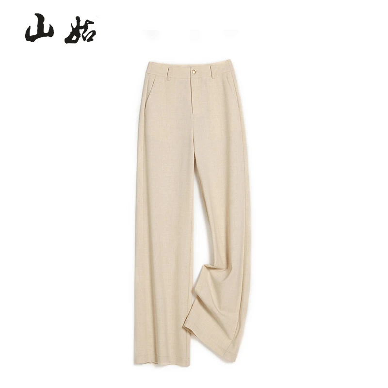 夏季新款麻料窄版直筒裤女高腰透气防晒显高显瘦阔腿裤