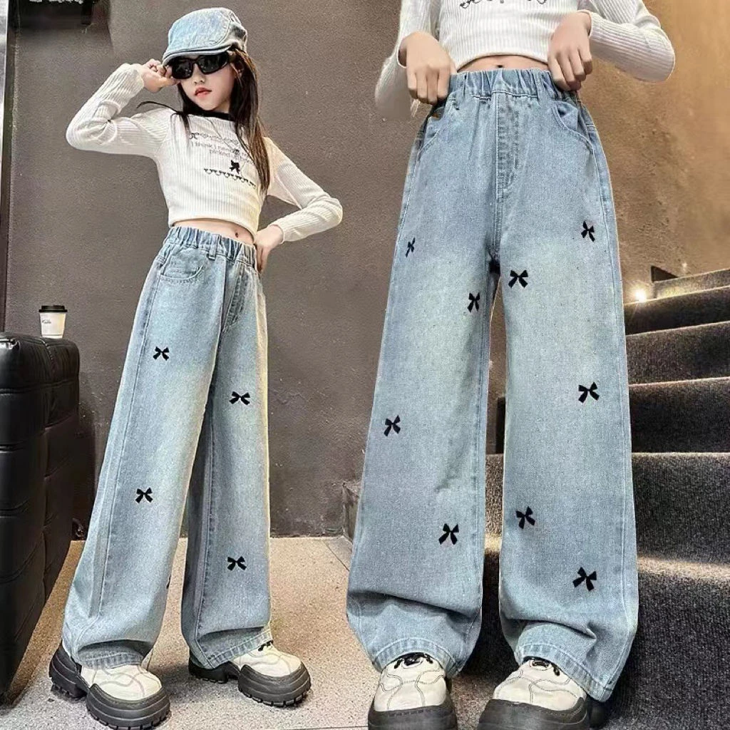 韩版女童洋气童装2025秋季新款儿童蝴蝶结牛仔裤百搭直筒裤阔腿