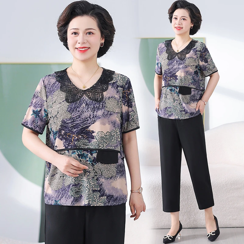 中老年女装夏装两件套休闲女装时尚休闲妈妈装大码老年人夏季衣服