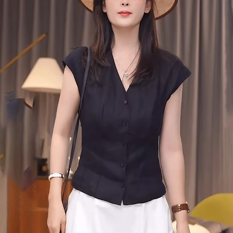 黑色V领亚麻衬衫女2025夏季新款高级感洋气减龄显瘦收腰显瘦上衣