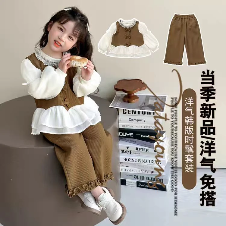 女童秋季三件套儿童灯笼袖套装阔腿裤打底衫秋季