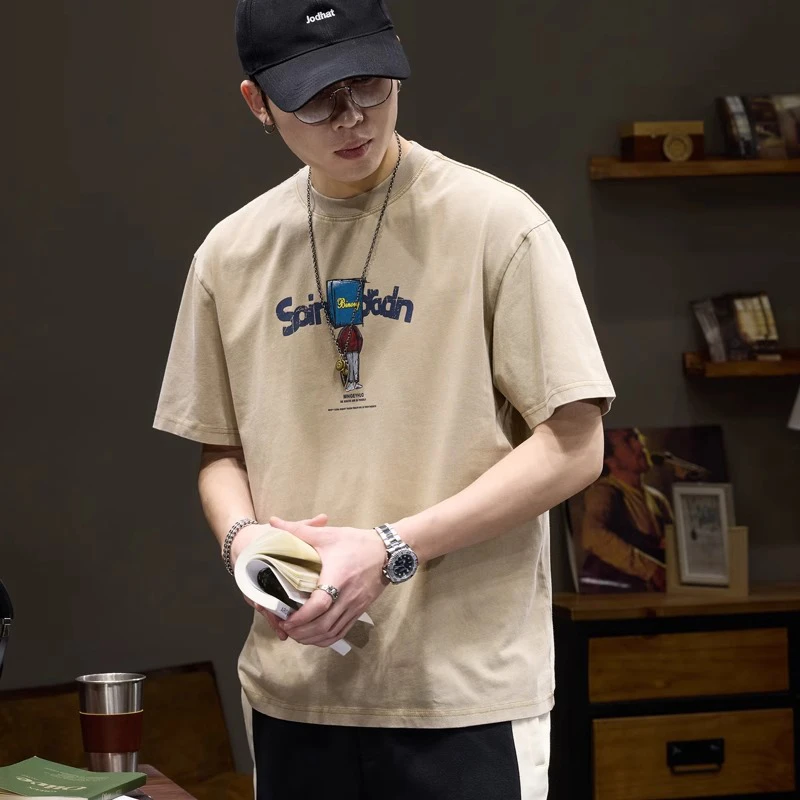 U&PURA复古水洗短袖t恤男宽松上衣夏季印花半袖潮流时尚休闲百搭