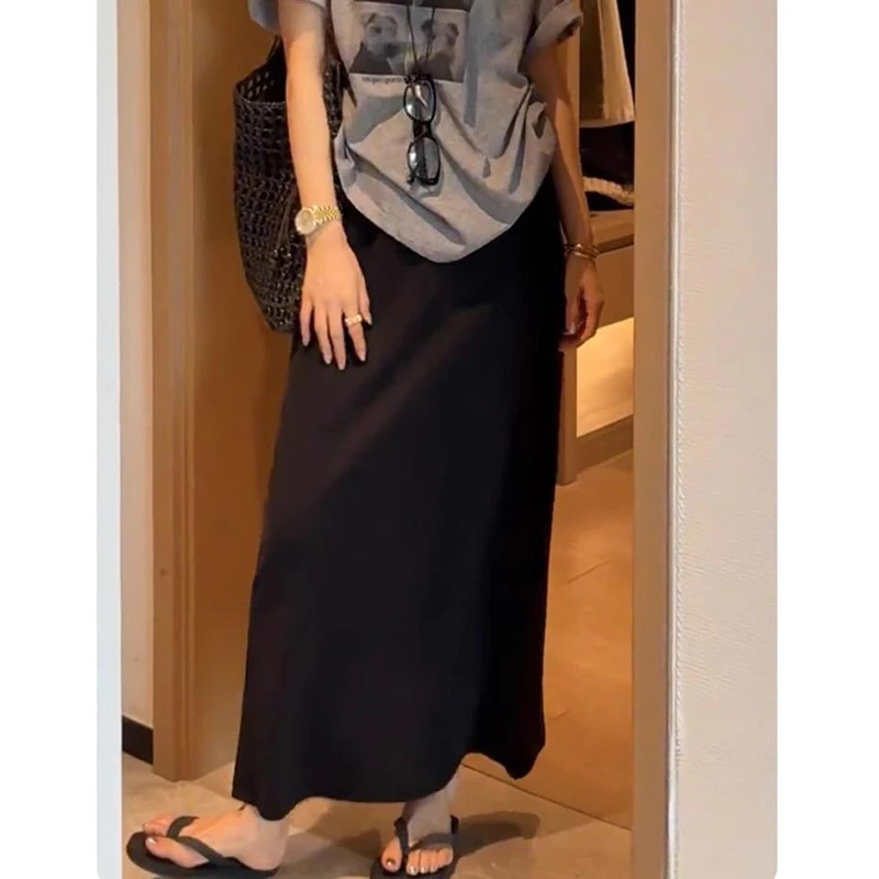 半身裙女士2025年夏季新款裙子显瘦时尚后开叉裙子高腰黑色中长裙