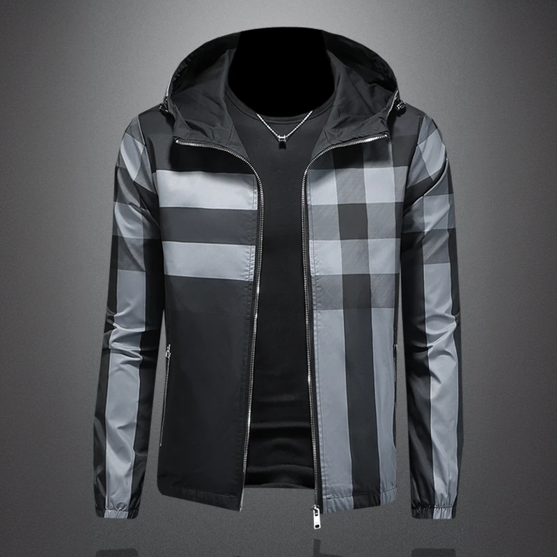 巴康波劳欧洲站格子连帽夹克男装春秋季新款品质个性条纹大码外套