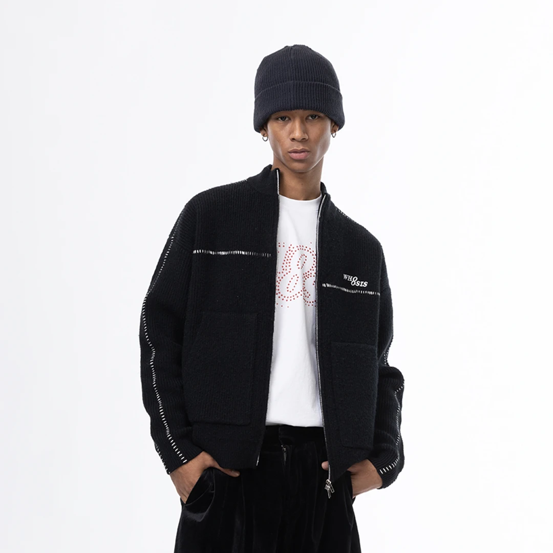 WHOOSIS（不知其名）明线装饰开衫针织衫cleanfit时尚立领潮流毛衣