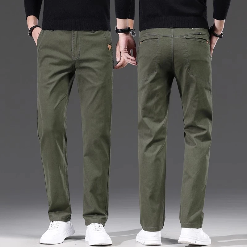 高端纯棉直筒休闲裤男宽松商务裤子男军绿色夏季薄款男裤