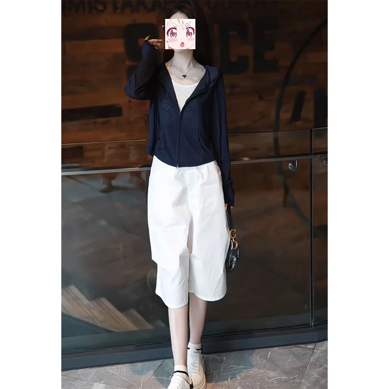 2025年夏季假两件防晒连帽长袖开衫上衣百搭休闲六分裤子两件套装