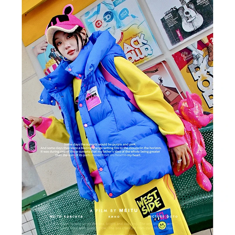 宝蓝彩色休闲防寒马甲冬季款玫红字母贴布连帽加厚棉服外套JYF35