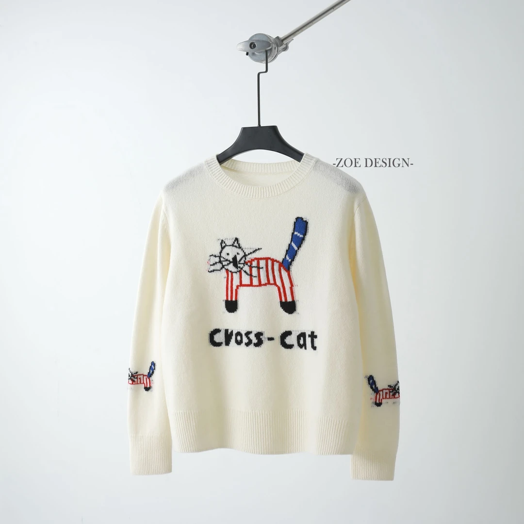 Zoe Studio 慵懒感提花卡通小猫100绵羊毛圆领针织套头毛衣