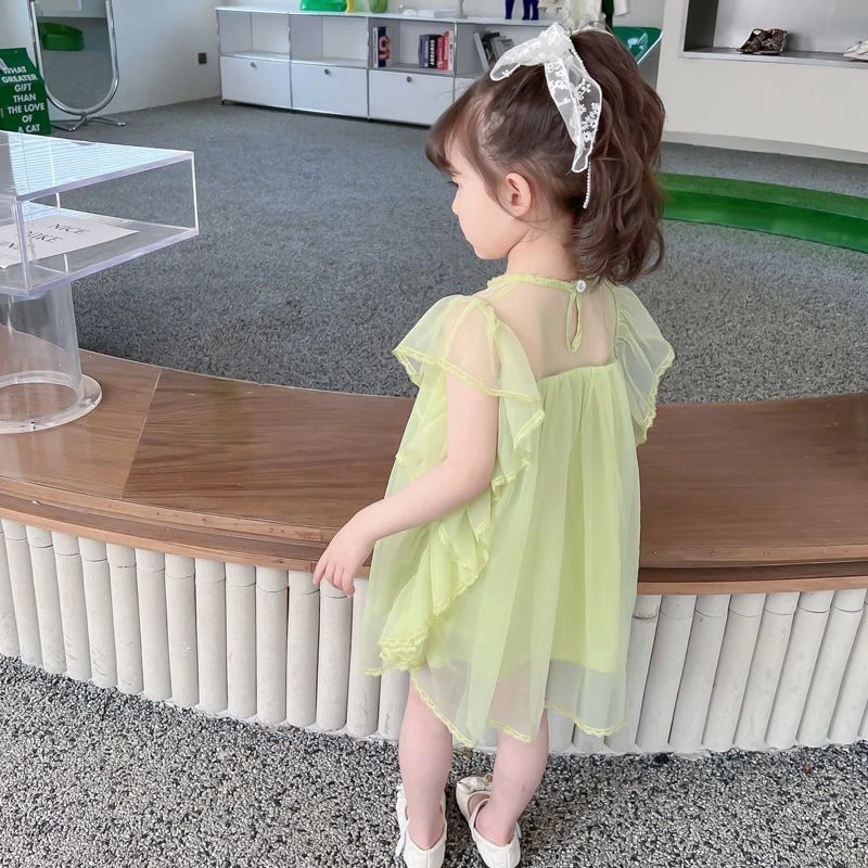 2025夏季新款女童纯色花边袖网纱裙小公主连衣裙公主风时髦防蚊裙