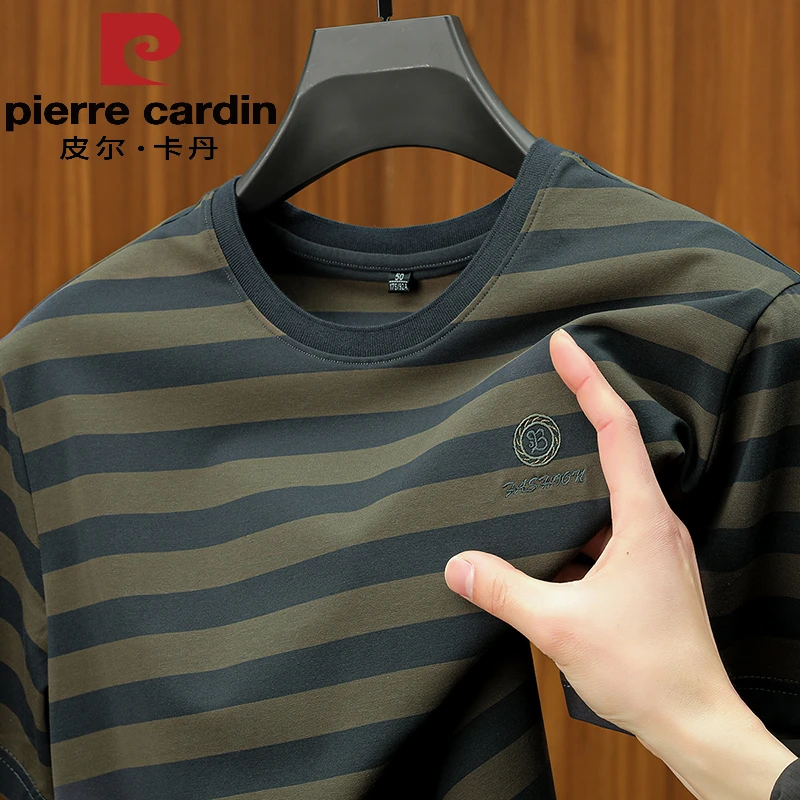 皮尔卡丹男士高档棉条纹圆领T恤夏季休闲时尚透气柔软亲肤半袖