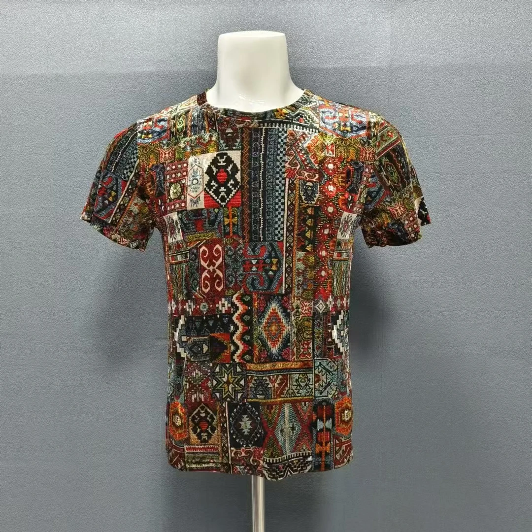 早秋丝绒时尚潮流百搭花纹休闲男士满印修身印花短袖