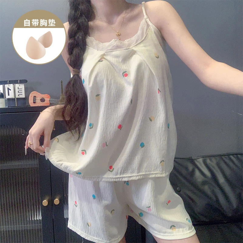 夏季爆款甜美风花朵带胸垫吊带睡衣女2025新款少女休闲家居服套装