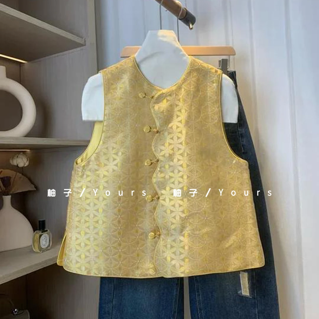 柚子yours【毬露纹】李德喜织金三重纬宋锦大漆扣花瓣襟圆领马甲