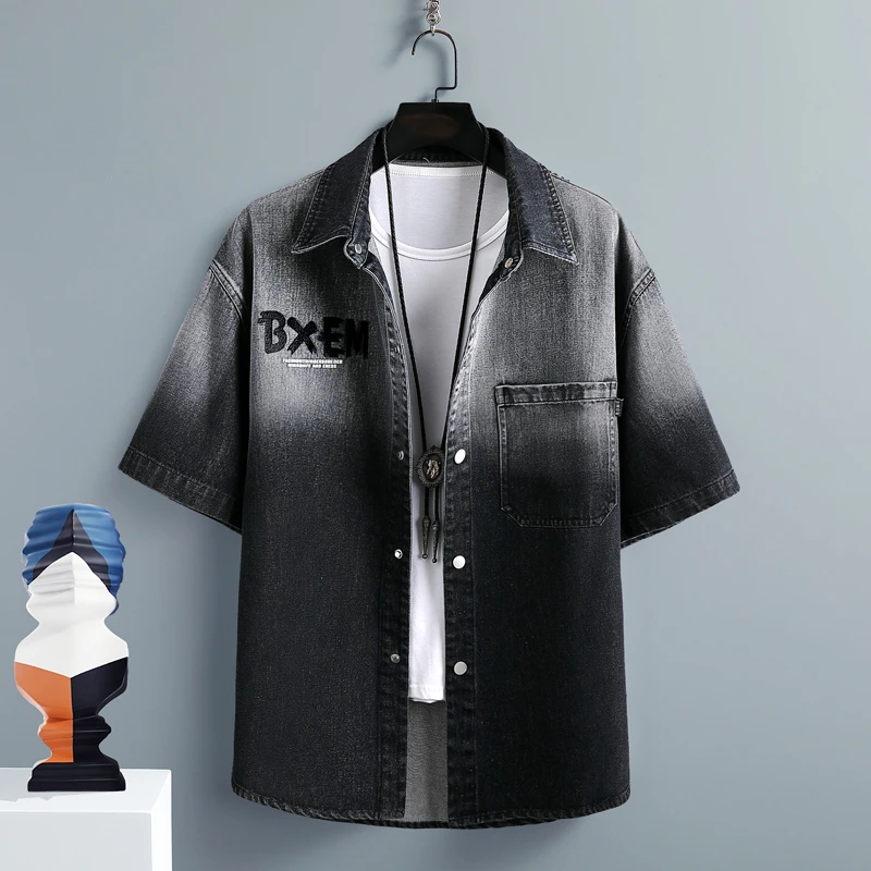 WEBUNSAPET维比萨玻夏季牛仔短袖衬衫男士休闲宽松工装外套薄款