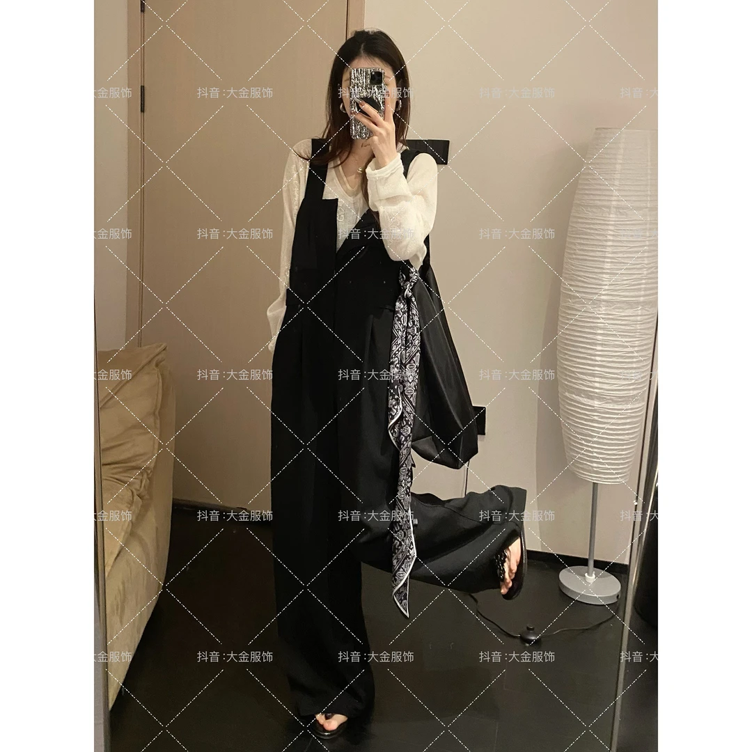 【美式冰咖 黑色阔腿背带裤】显瘦气质设计感法式时尚春夏