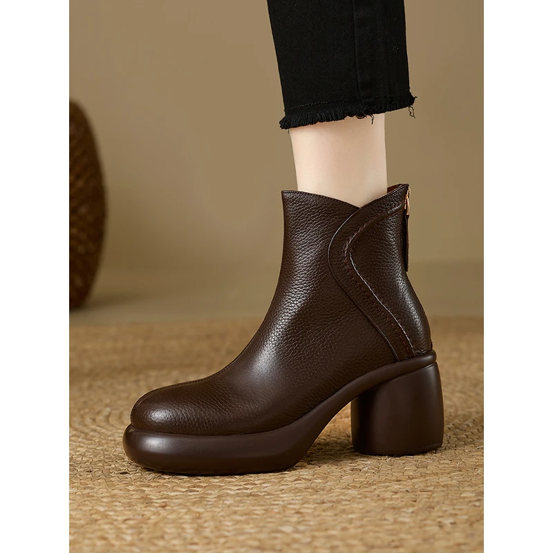 7CM牛皮真皮复古风粗跟厚底短靴女秋冬新款显瘦英伦风百搭小皮鞋