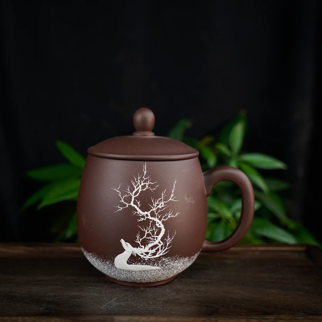 GSZS-5483   宜兴手工紫砂   紫泥仙鹿泥绘盖杯