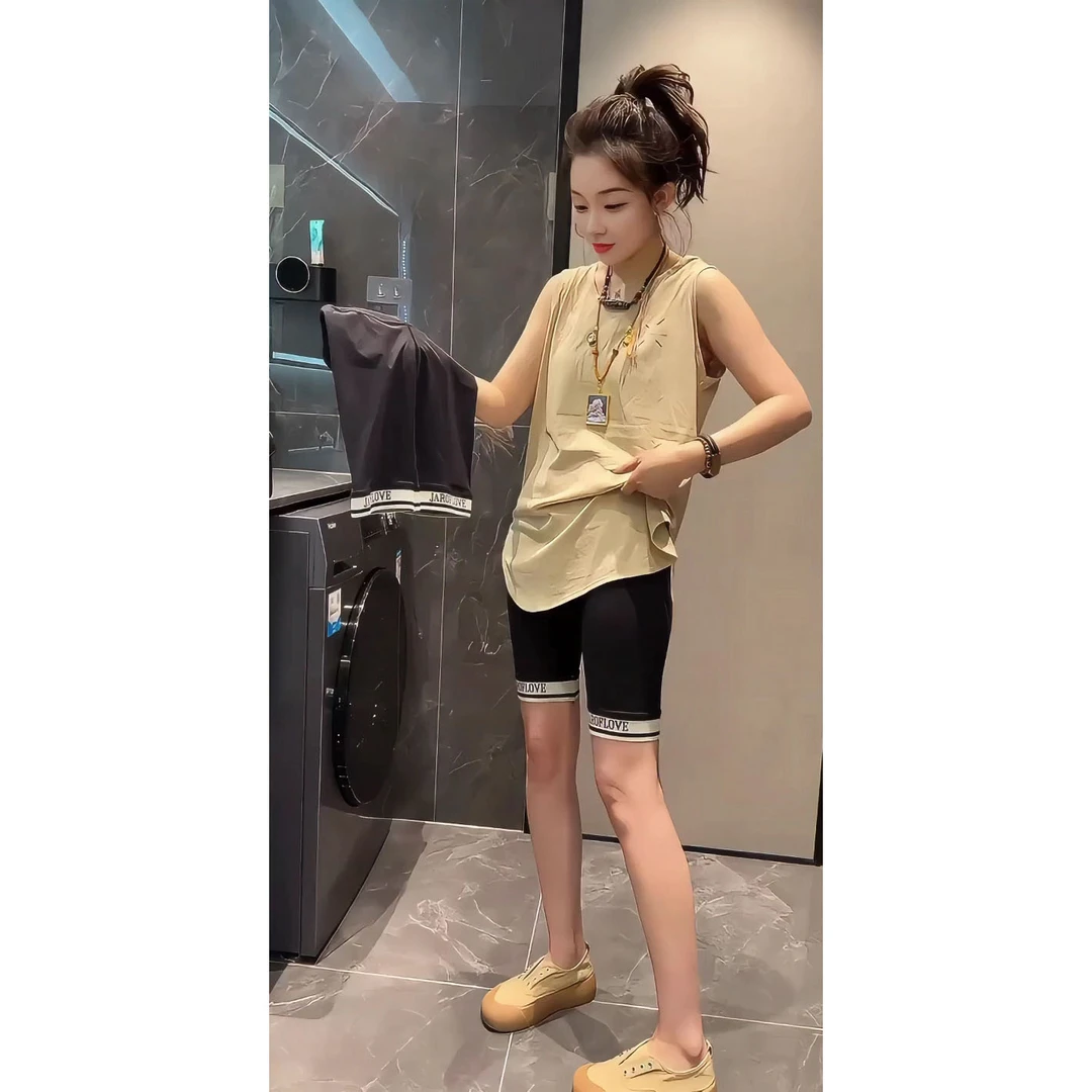 韩版夏季新款显瘦打底五分骑行裤个性印花字母拼接瑜伽运动裤薄款