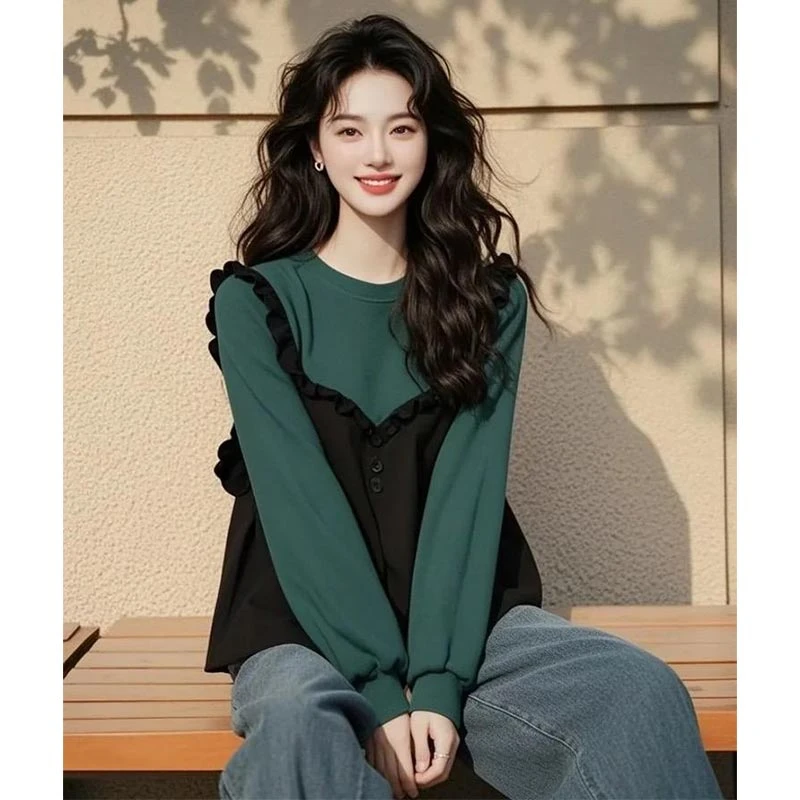 韩版撞色拼接娃娃衫卫衣女2025年春季新款假两件休闲圆领长袖上衣