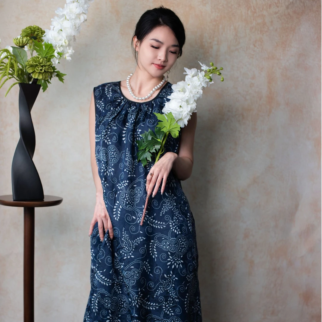 CHEN HENG无袖圆领印花提花女士常规黑色连衣裙夏季礼服针织