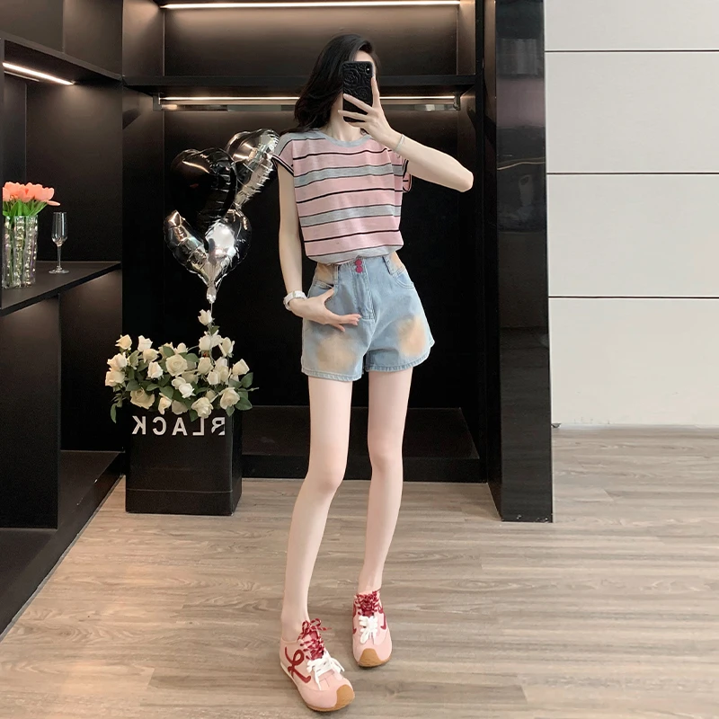 条纹短袖T恤女2025新款夏季百搭正肩上衣晕染牛仔短裤a字阔腿热裤