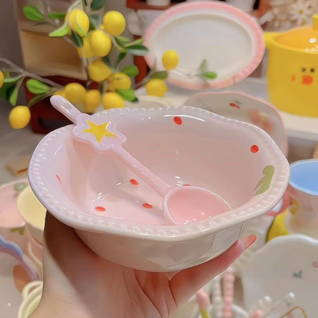 【珍珠沙拉碗星星勺】奶油风情侣可爱沙拉碗饭碗喝汤面碗勺家用碗LX