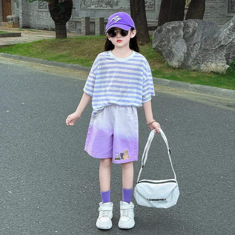 女童2025夏季新款轻薄防蚊防晒休闲日常穿搭T恤牛仔短裤两件套潮