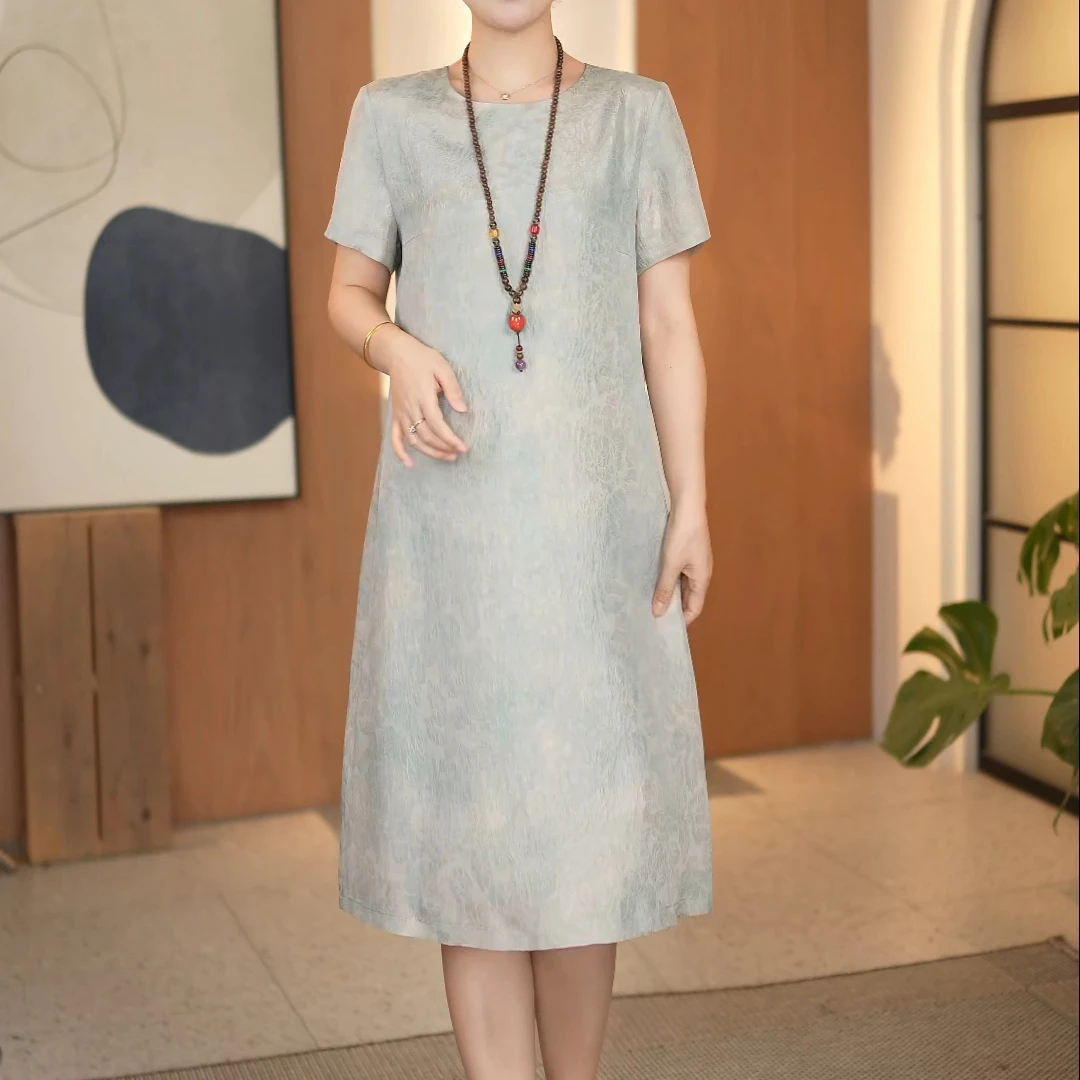 100%桑蚕丝重磅真丝冠乐绉宽松杭州中年气质女装中长款连衣裙夏季