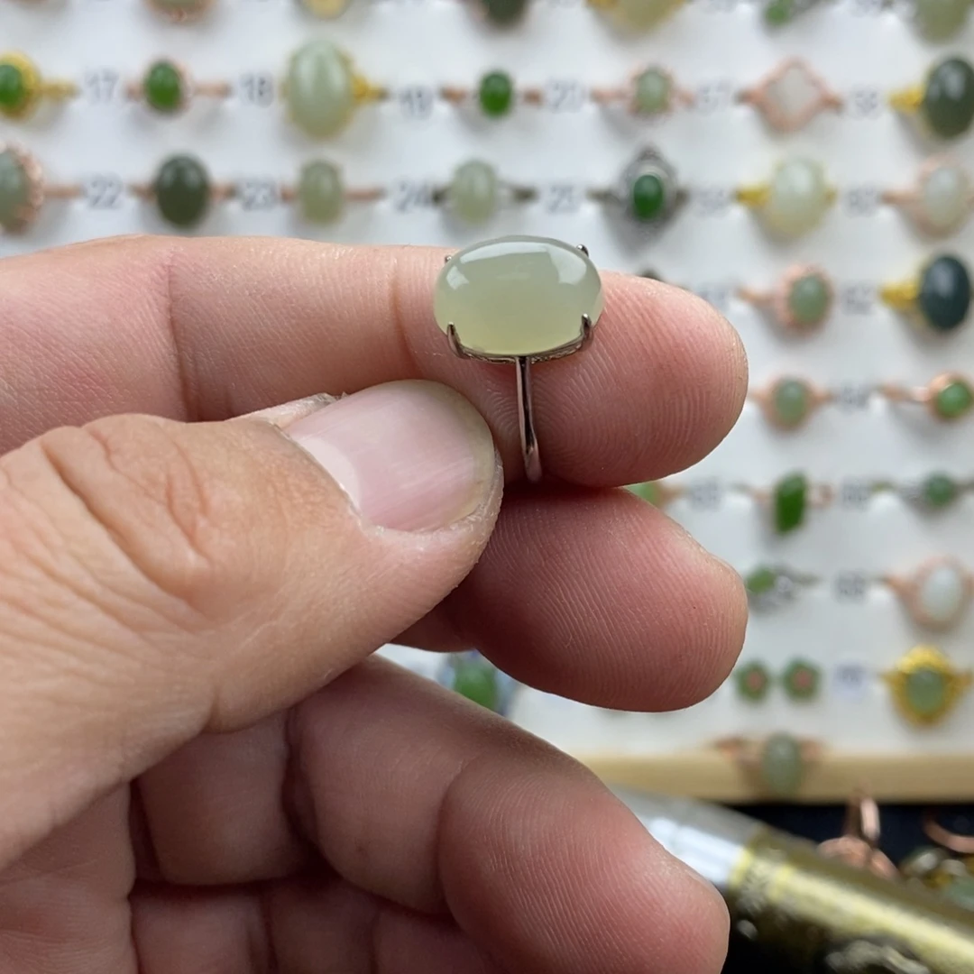 和田玉（青白玉）银S925镀金镶嵌戒指