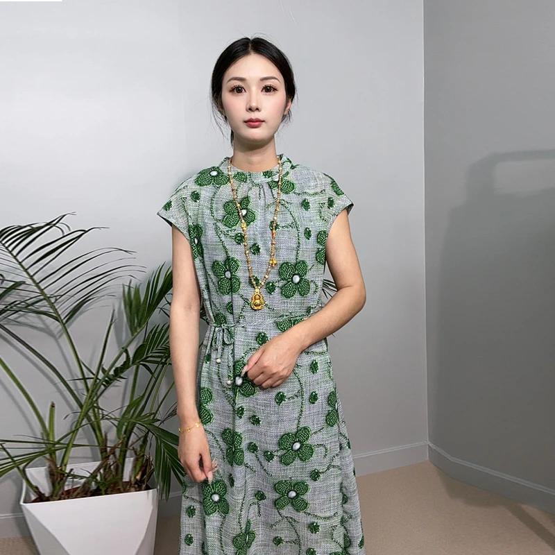 【绿意盎然】新中式夏季印花显瘦A字气质连衣裙时尚名族风妈妈裙子