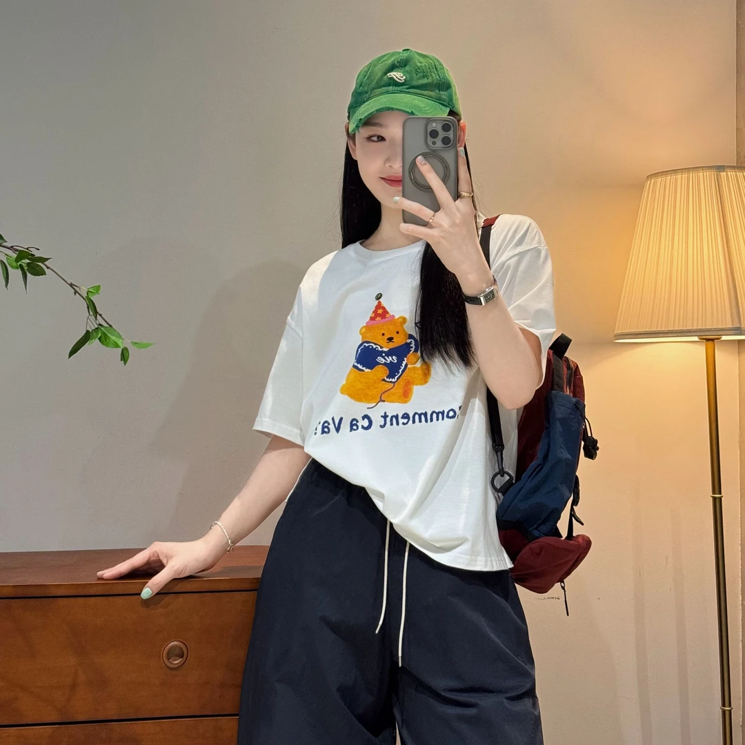 韩版休闲舒适减龄纯棉字母爱心小熊印花短袖T恤女-M25201382