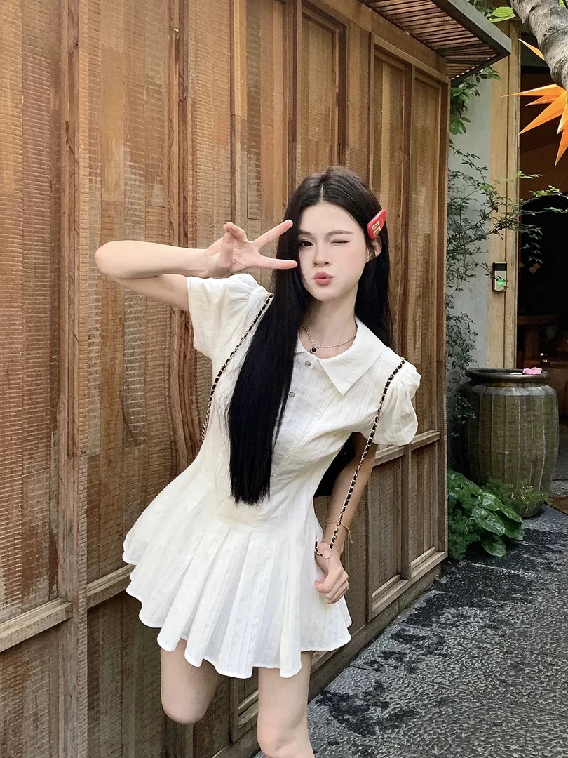 【等你下课】连衣裙a字裙短袖衬衫裙通勤学院风辣妹茶歇裙
