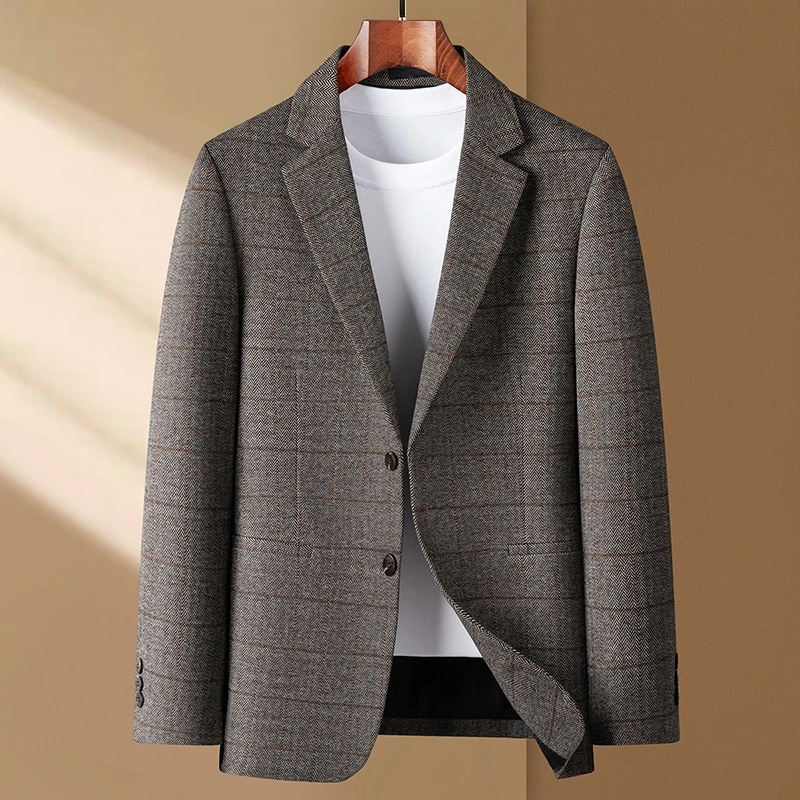 西装男秋冬新款中年轻商务休闲格子百搭西服潮流洋气单件外套
