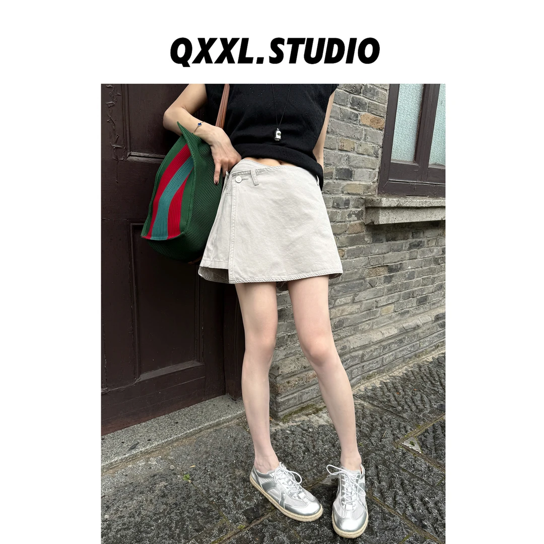 邱小小丽呀 夏款侧扣屁帘高腰工装裙裤 百搭休闲半身A字短裙女