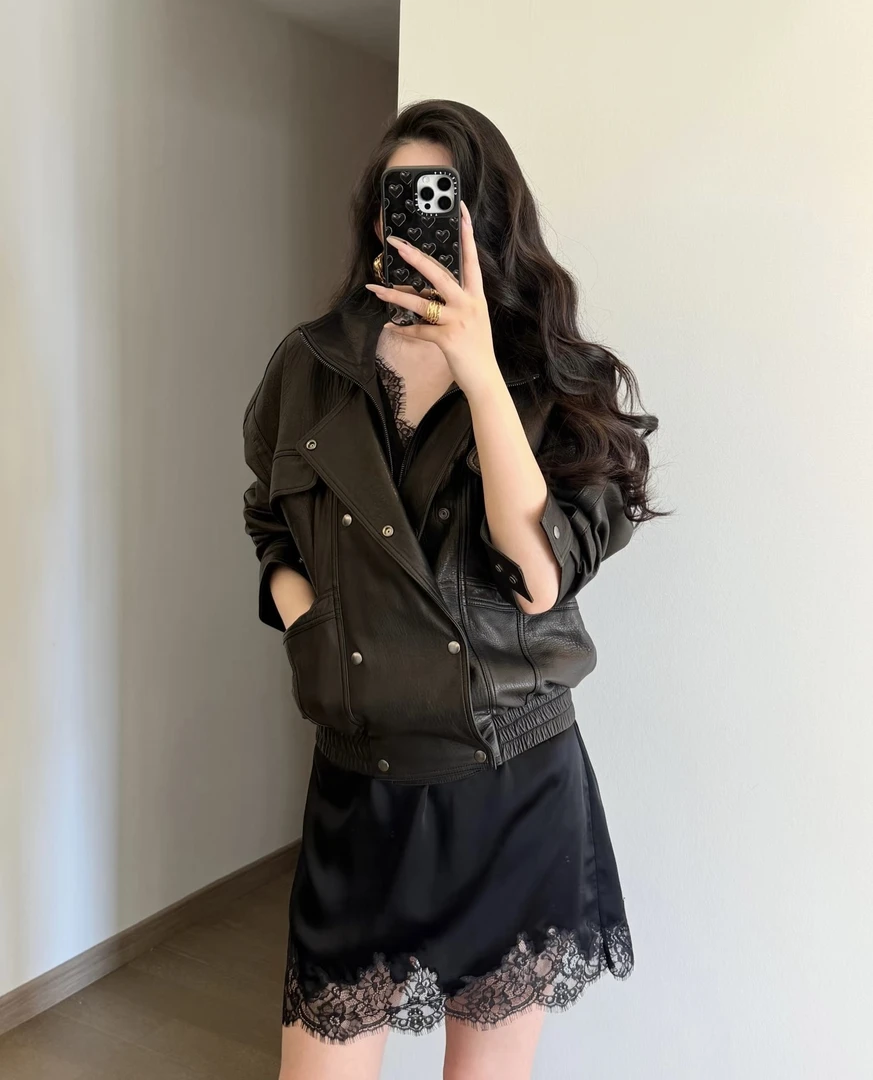 海宁真皮绵羊皮女短款黑色宽松型皮衣皮夹克休闲时尚显瘦百搭外套