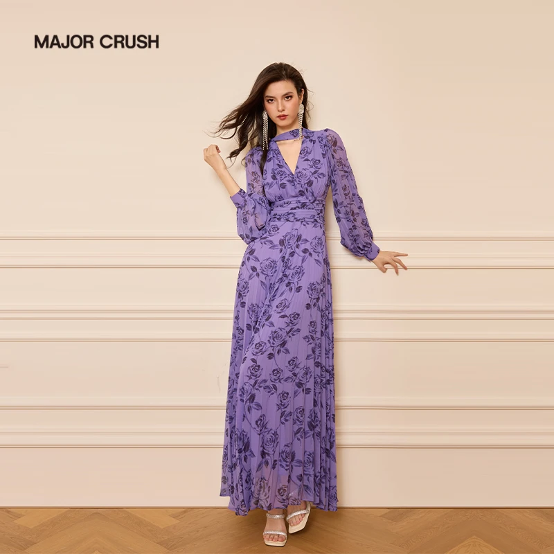 MAJOR CRUSH新款优雅时尚大摆裙紫调玫瑰收腰印花名媛连衣裙6539