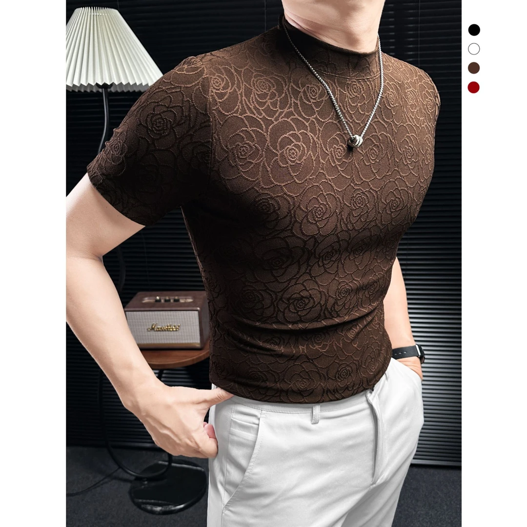 哥特玫瑰男士t恤短袖网红洋气炸街男装半高领暗纹浮雕打底衫男款