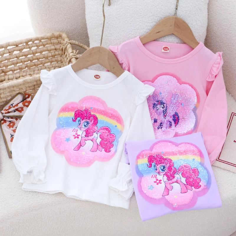 女童纯棉变色亮片长袖T恤 25春秋新款儿童女孩宝宝卡通小马打底衫