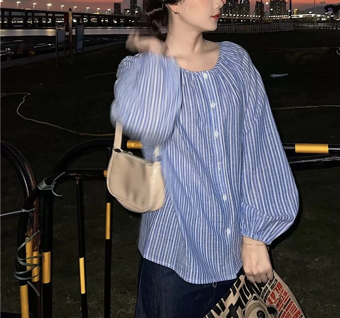 729 港风复古海军蓝经典条纹宽松韩版衬衫（J13）