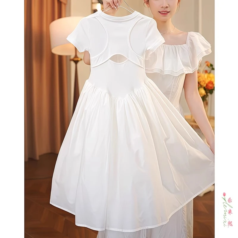 女童露背短袖连衣裙2025夏季中大童清新拼接休闲公主长裙洋气时髦