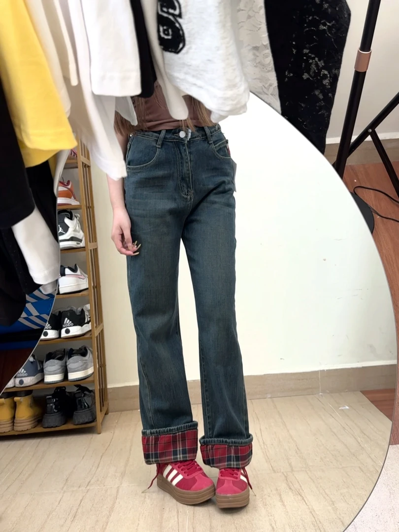 格子拼接翻卷边法棍直筒九分爆款烟管牛仔裤女秋冬款