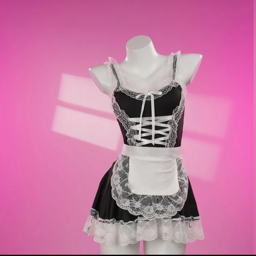 【80-210】蝴蝶结蕾丝吊带裙纯欲束腰洛丽塔黑白睡裙